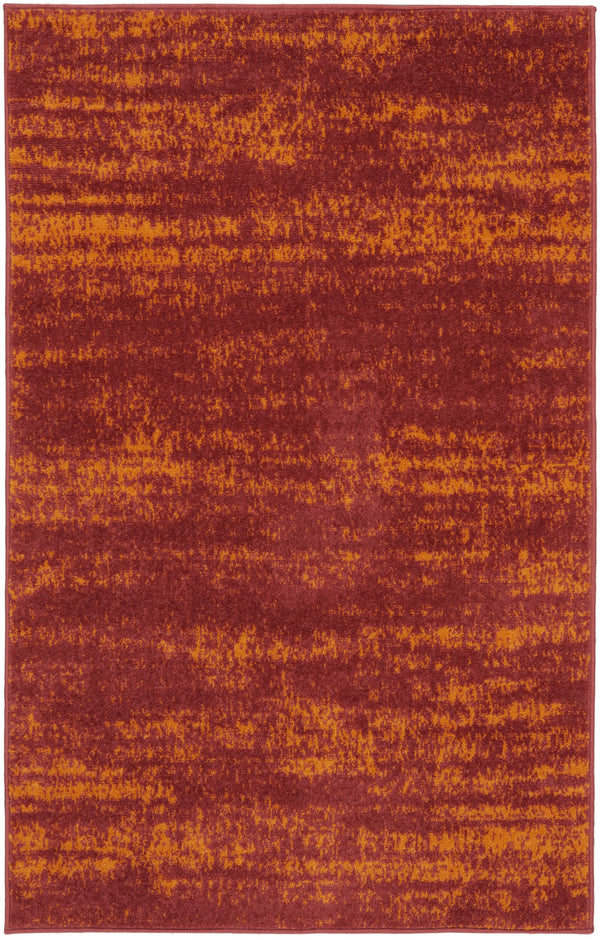 Abstract rectangular area rug, red-brown with orange speckled accents and border