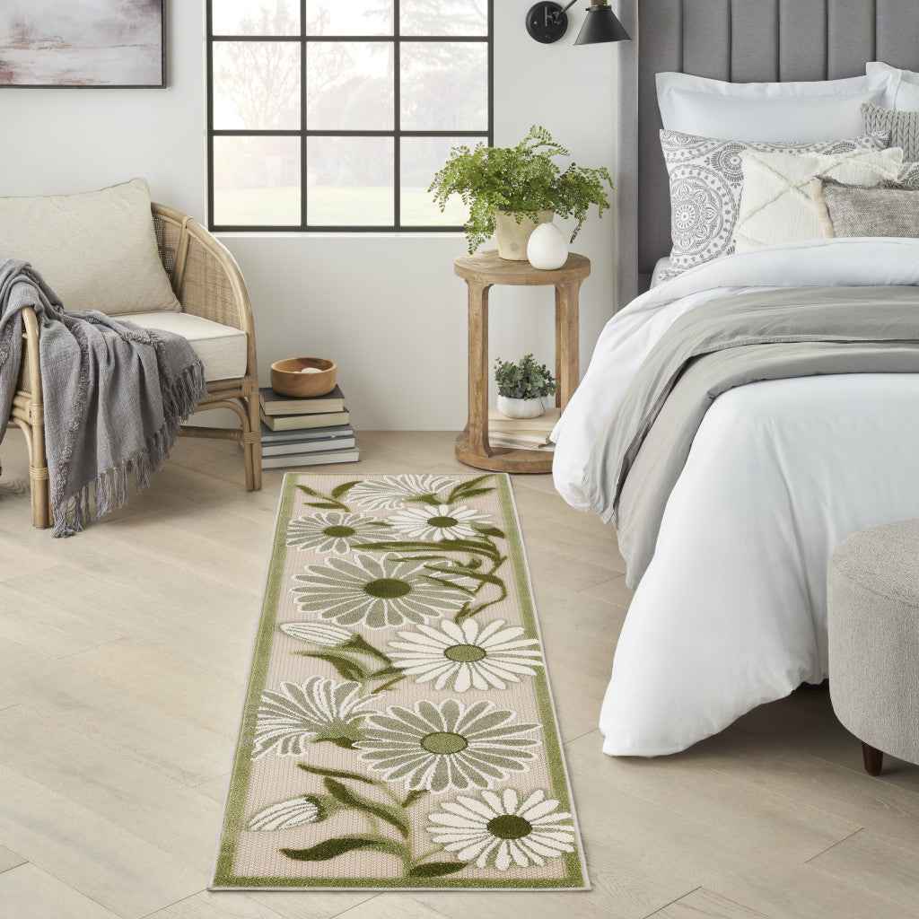 6' Ivory And Green Floral Indoor Outdoor Runner Rug
