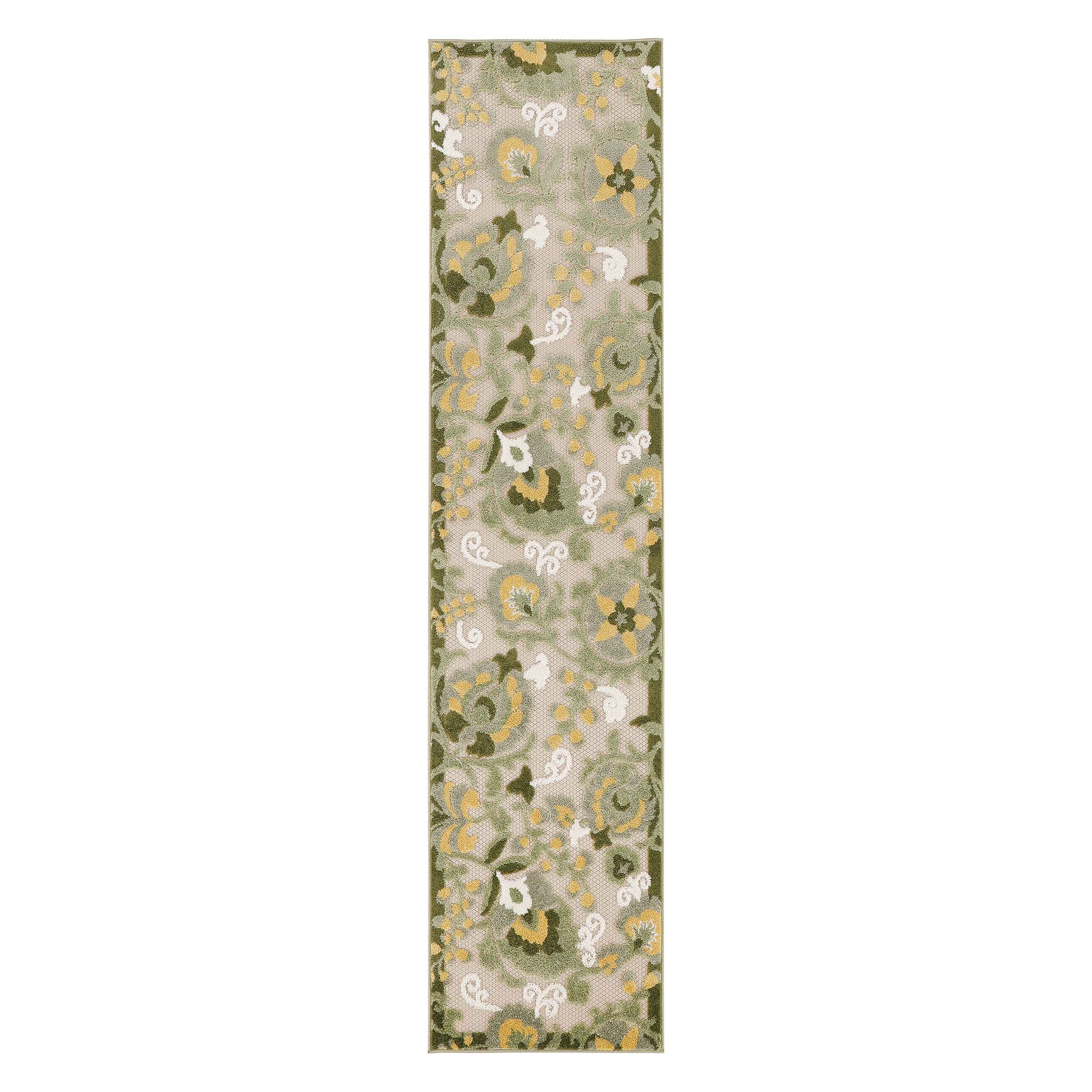 6' Ivory And Green Floral Indoor Outdoor Runner Rug