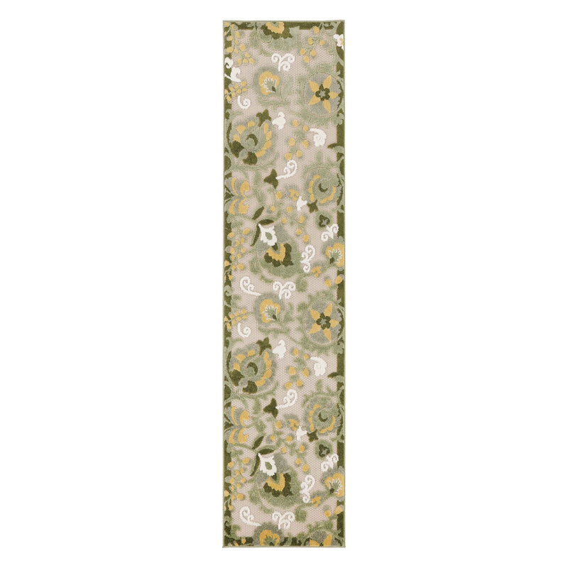 6' Ivory And Green Floral Indoor Outdoor Runner Rug