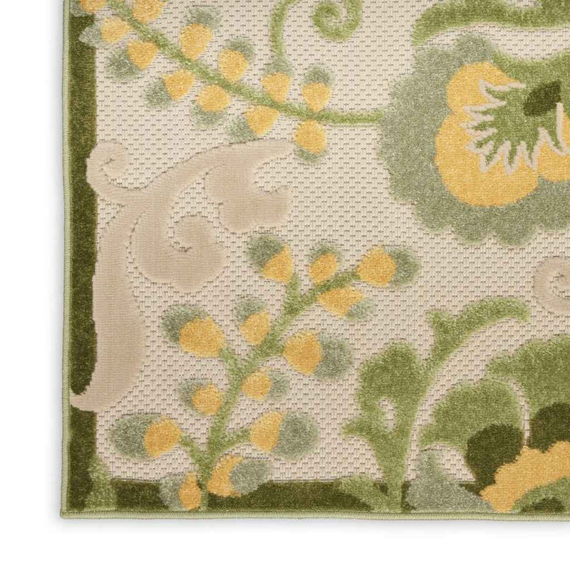 6' Ivory And Green Floral Indoor Outdoor Runner Rug