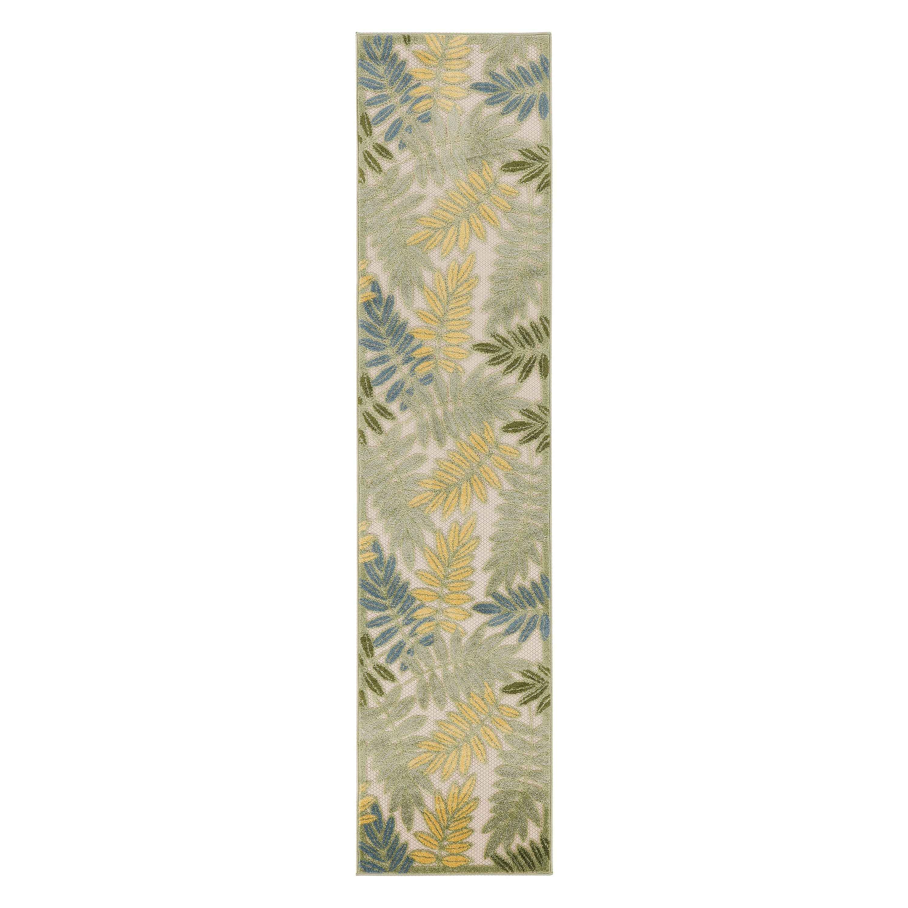 6' Green Yellow And Blue Palm Leaf Indoor Outdoor Runner Rug