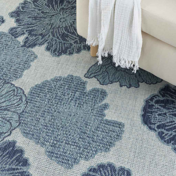 3' X 5' Navy Blue Ivory And Blue Floral Indoor Outdoor Area Rug