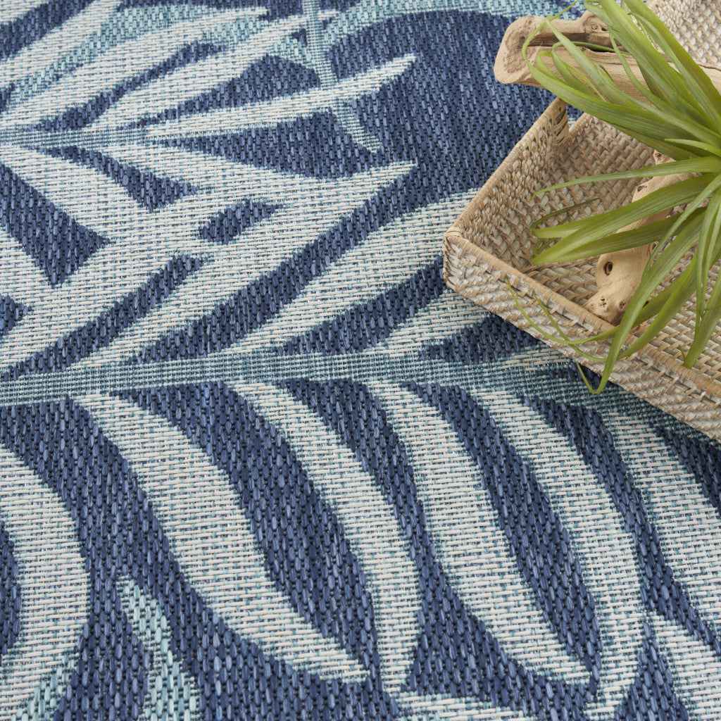 3' X 5' Navy Blue And Ivory Palm Leaf Indoor Outdoor Area Rug