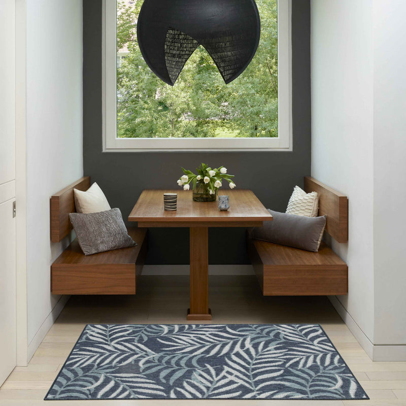 3' X 5' Navy Blue And Ivory Palm Leaf Indoor Outdoor Area Rug