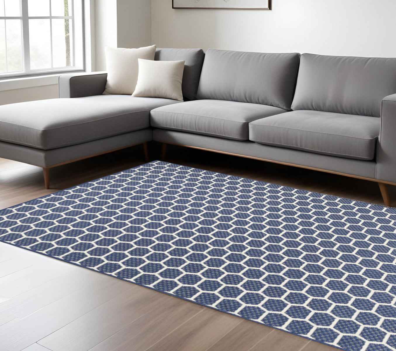 6' X 9' Navy Blue And Ivory Geometric Indoor Outdoor Area Rug