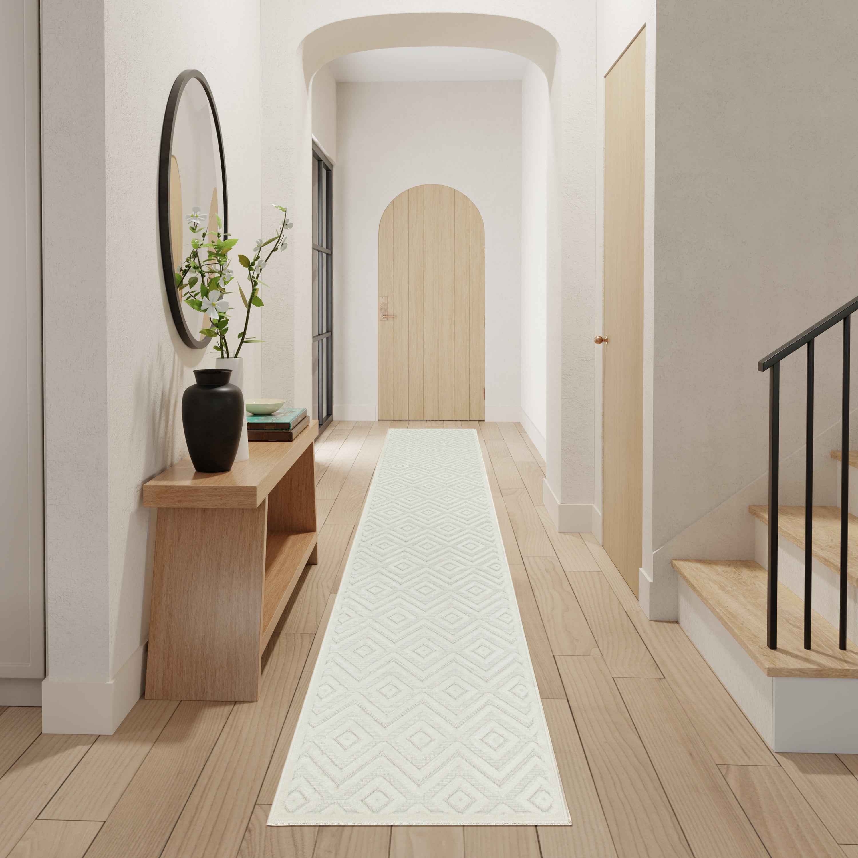 6' Ivory And White Geometric Indoor Outdoor Area Rug