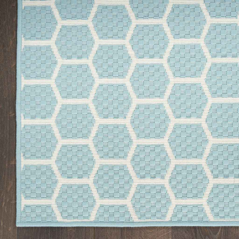 6' Aqua And Ivory Geometric Indoor Outdoor Area Rug