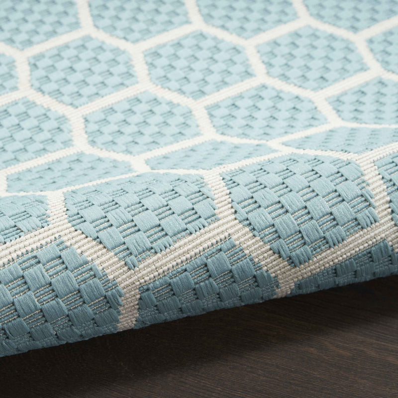 6' Aqua And Ivory Geometric Indoor Outdoor Area Rug