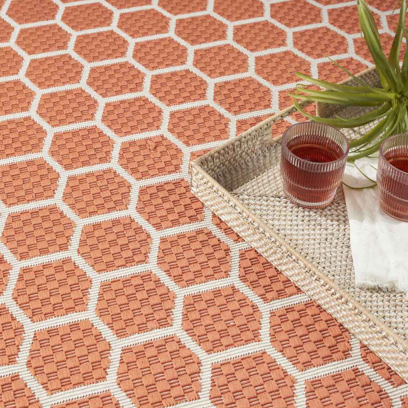10' X 14' Coral And Ivory Geometric Indoor Outdoor Area Rug