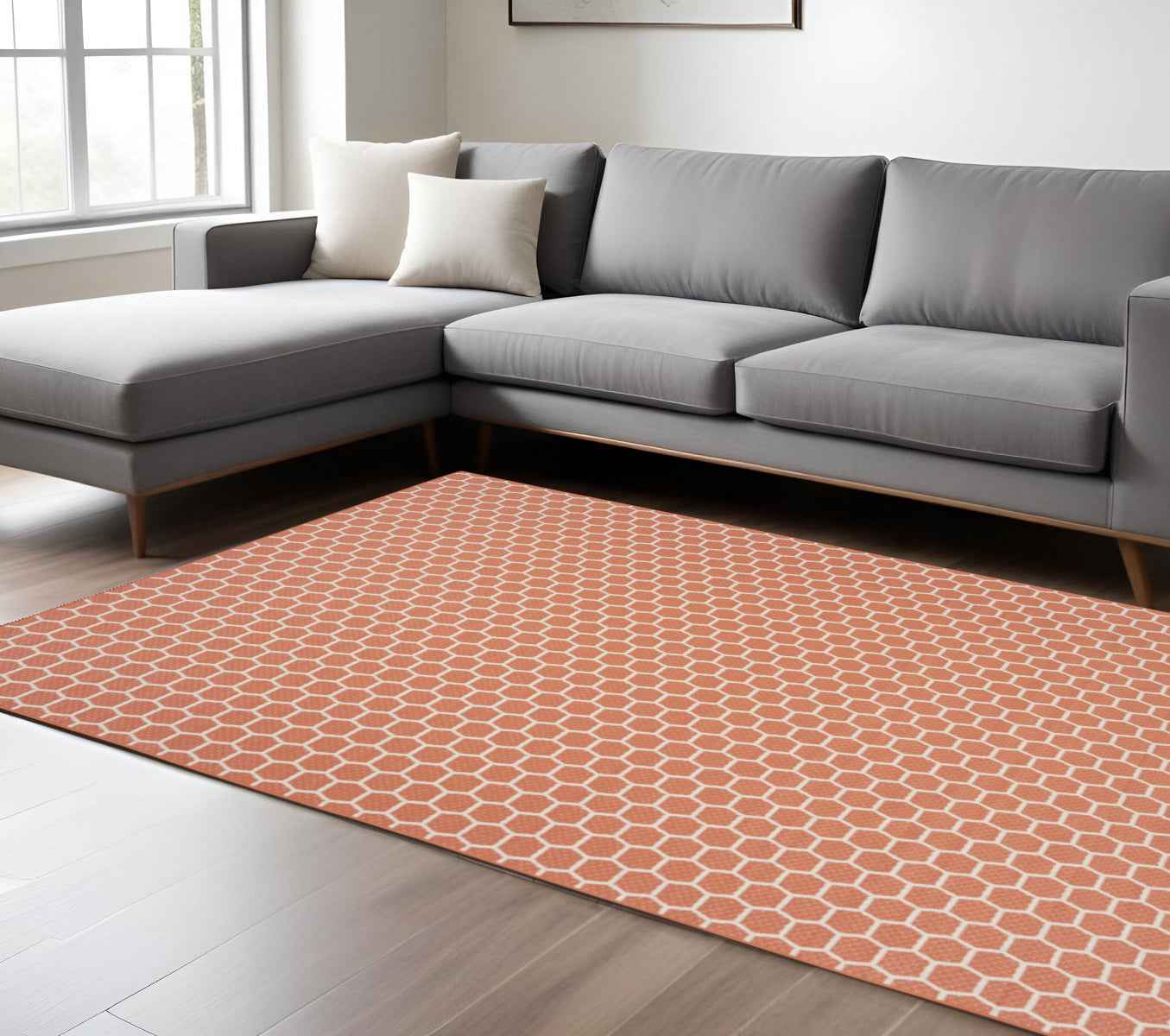 10' X 14' Coral And Ivory Geometric Indoor Outdoor Area Rug