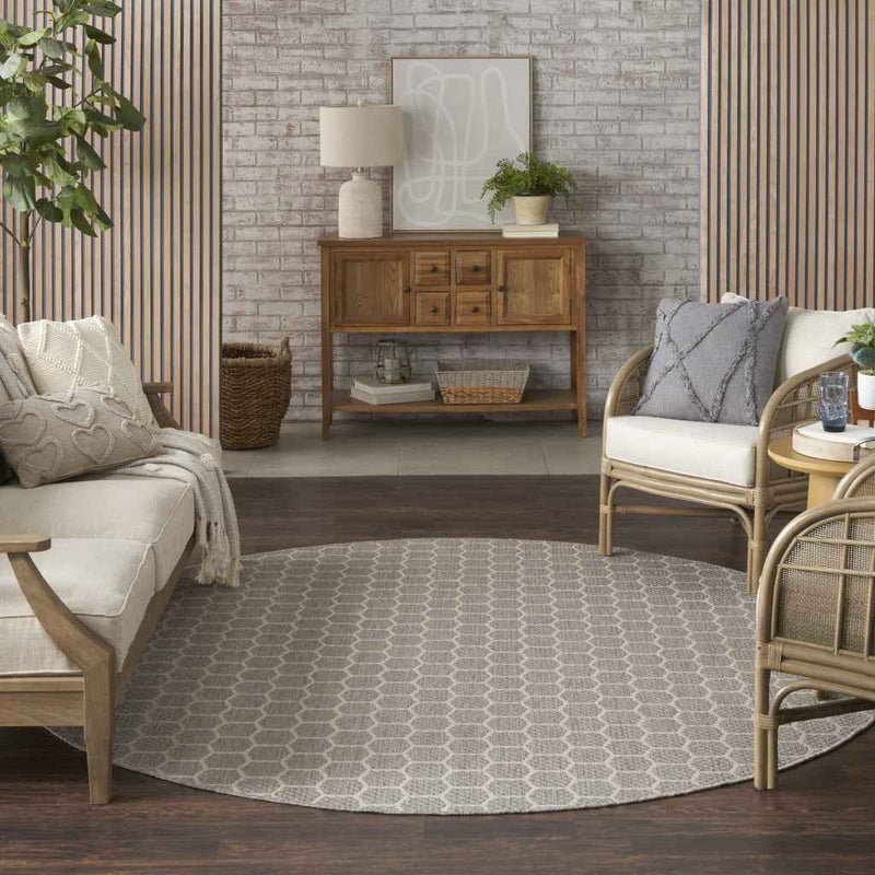 8' Gray And Ivory Geometric Indoor Outdoor Area Rug