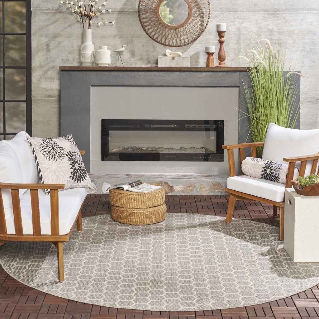 8' Gray And Ivory Geometric Indoor Outdoor Area Rug