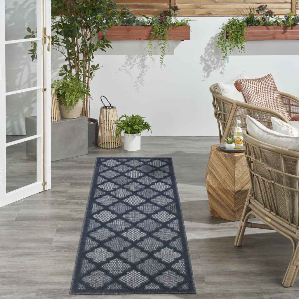 6' Navy Blue And Ivory Geometric Indoor Outdoor Area Rug