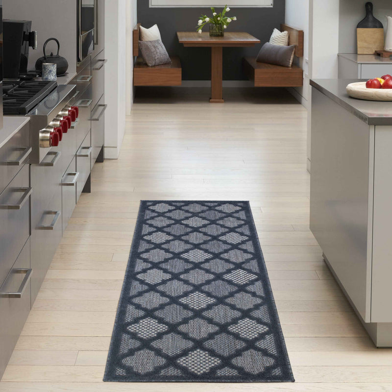 6' Navy Blue And Ivory Geometric Indoor Outdoor Area Rug