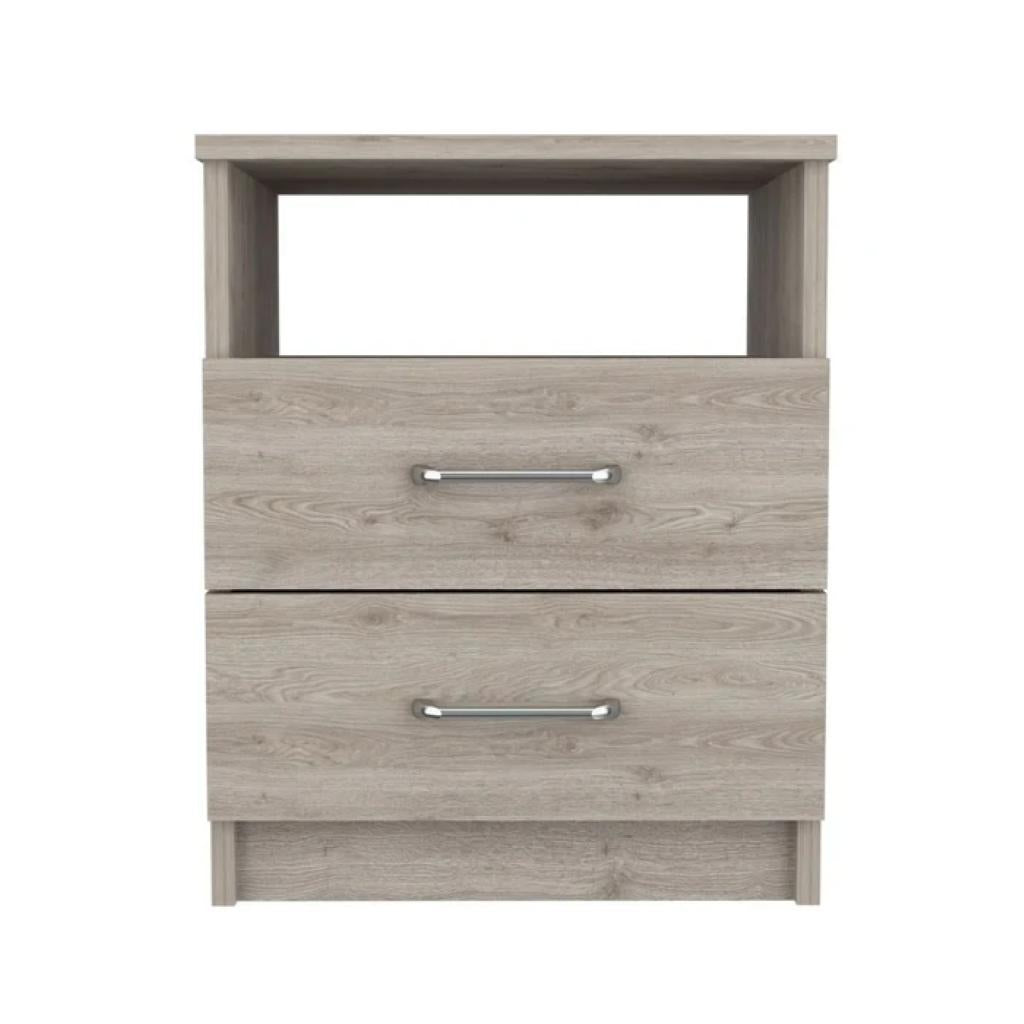 Light gray wood nightstand with two drawers and silver bar pulls