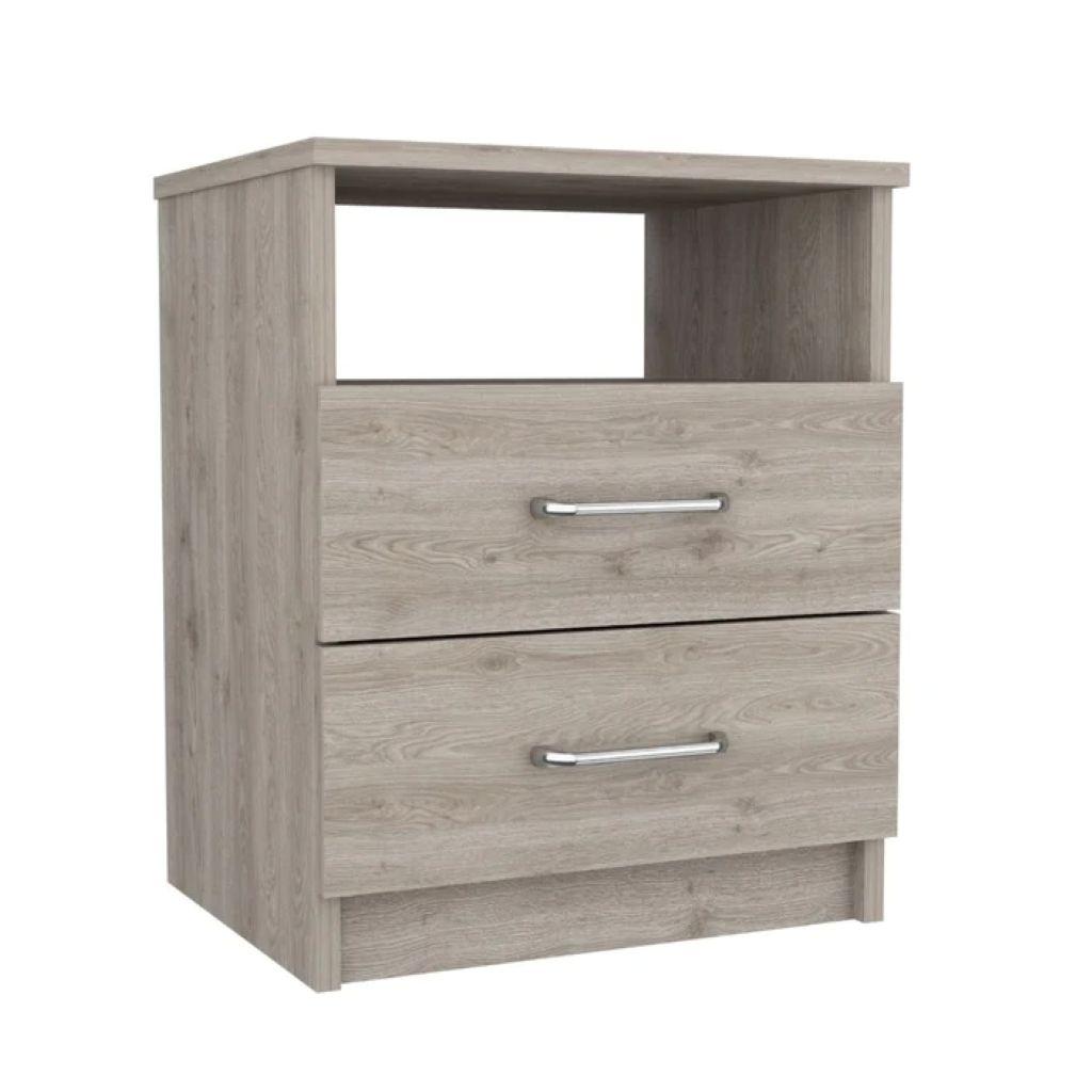 Light gray wood nightstand with two drawers and silver bar handles