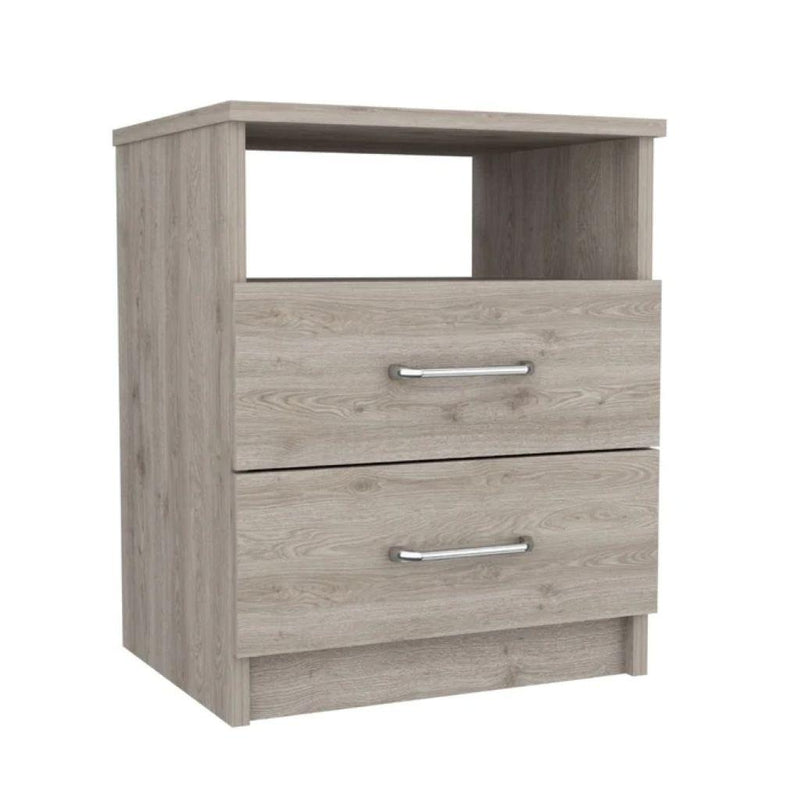 Light gray wood nightstand with two drawers and silver bar handles