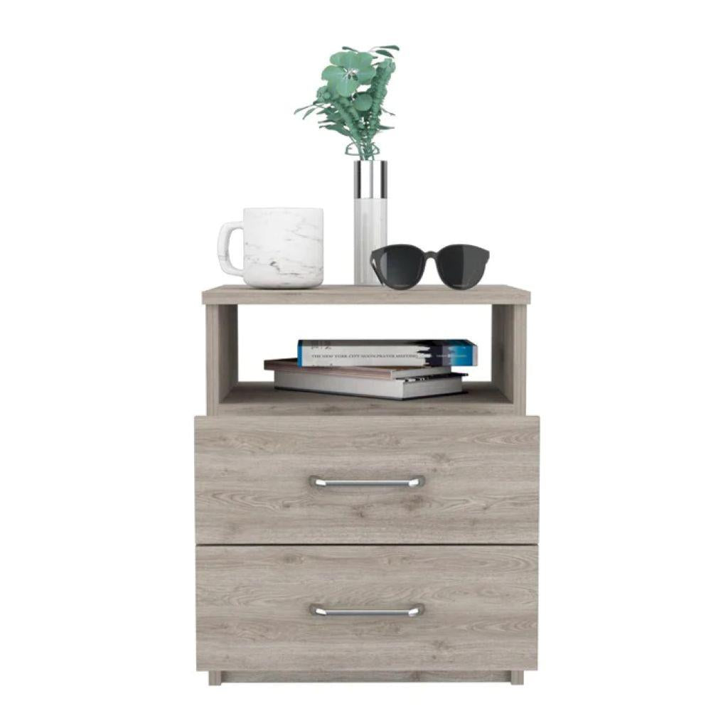 Light gray wood nightstand with open shelf and two drawers, silver bar pulls