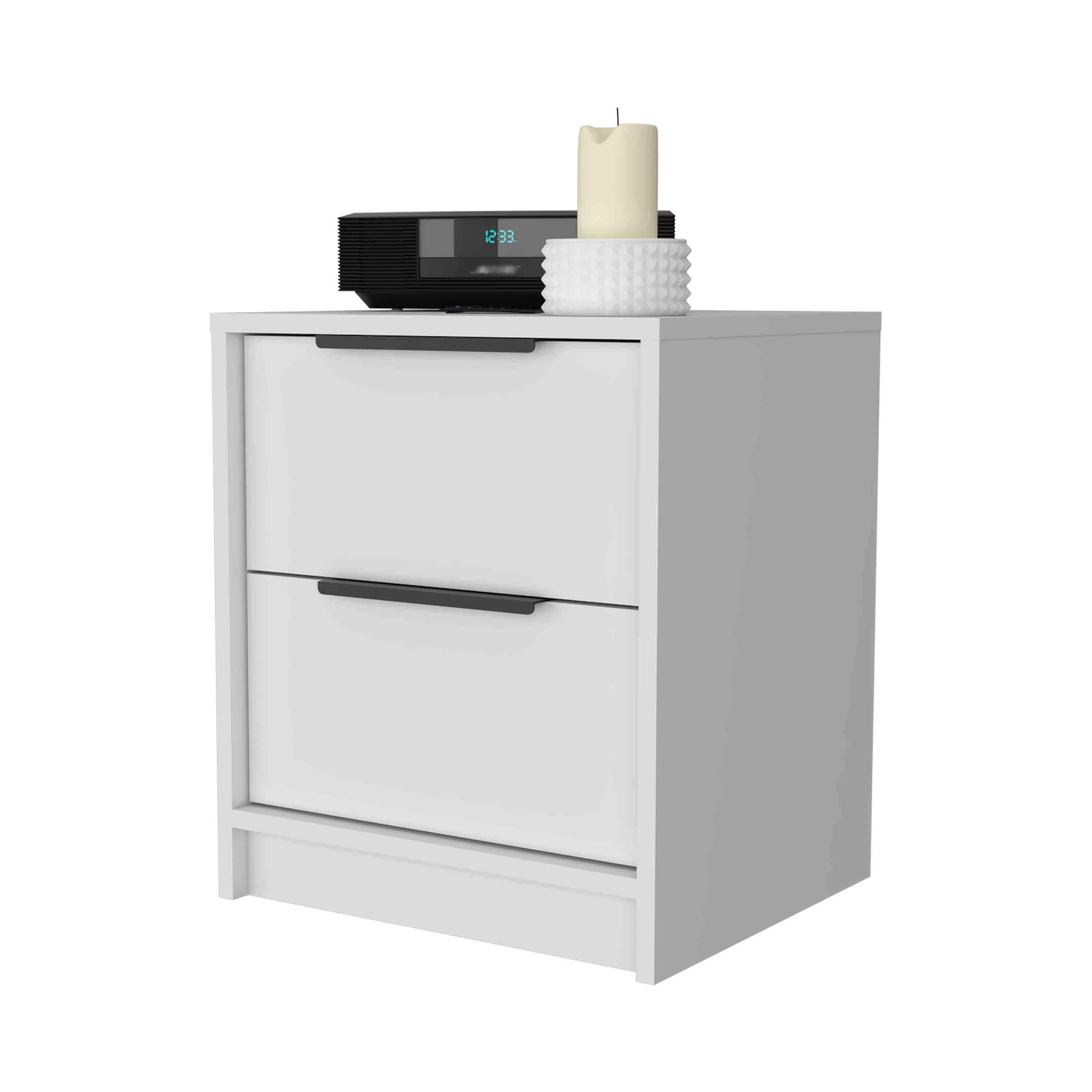 White wood nightstand with two drawers and black bar handles, 3D view.