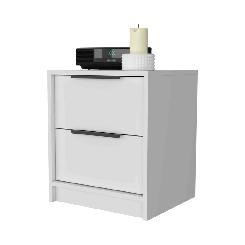 White wood nightstand with two drawers and black bar handles, 3D view.