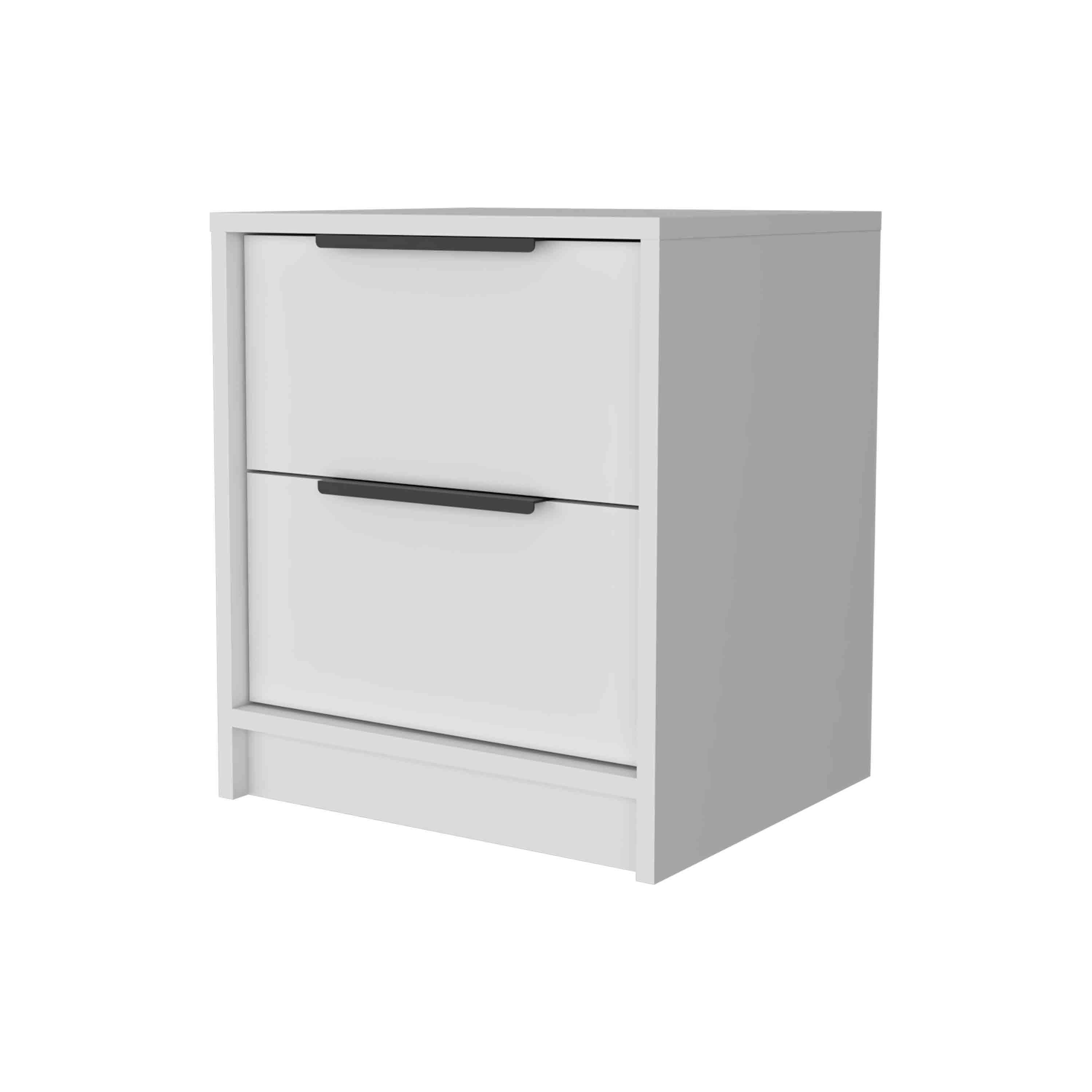 White wood nightstand with two drawers and black bar pull handles, front view.