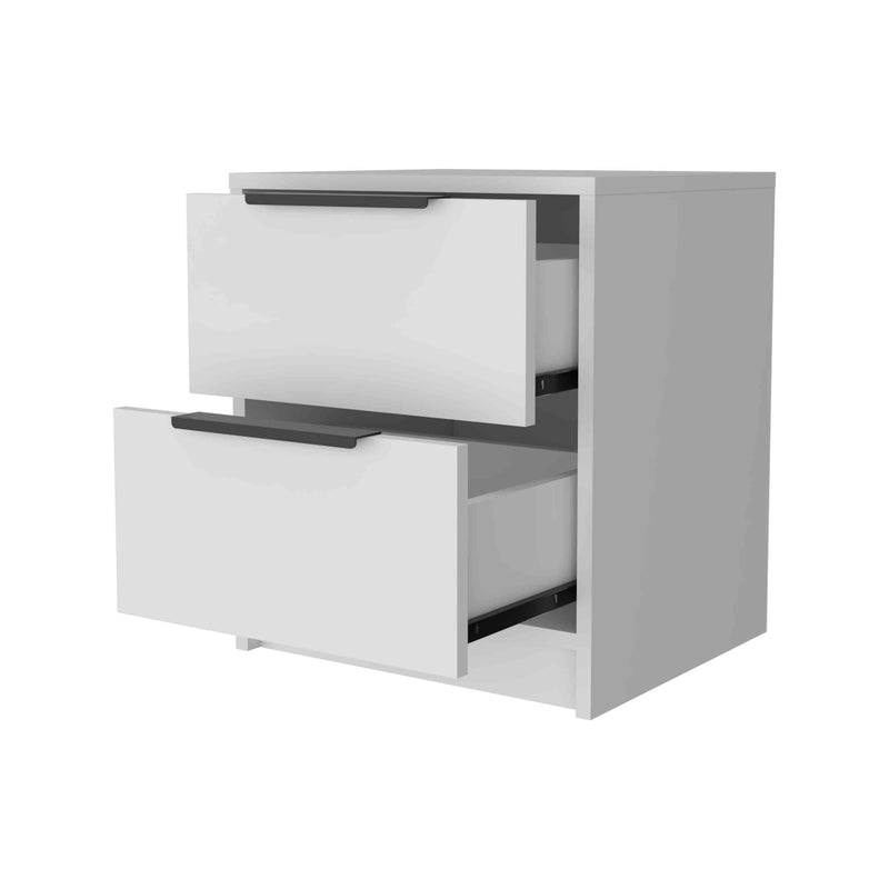 White wood nightstand with two open drawers showing interior shelves.