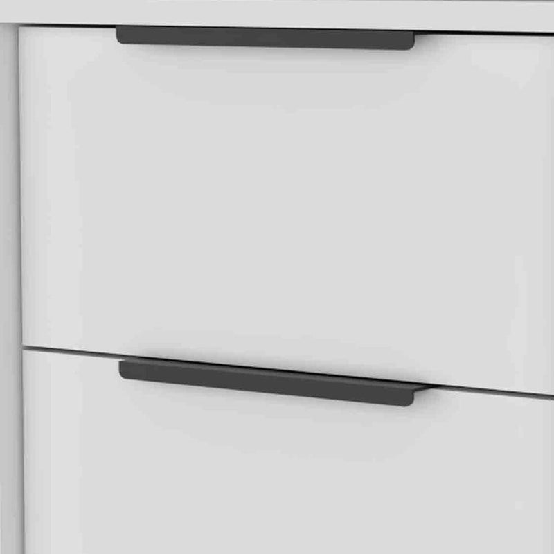 White wood nightstand lower drawer with black bar pull handle.