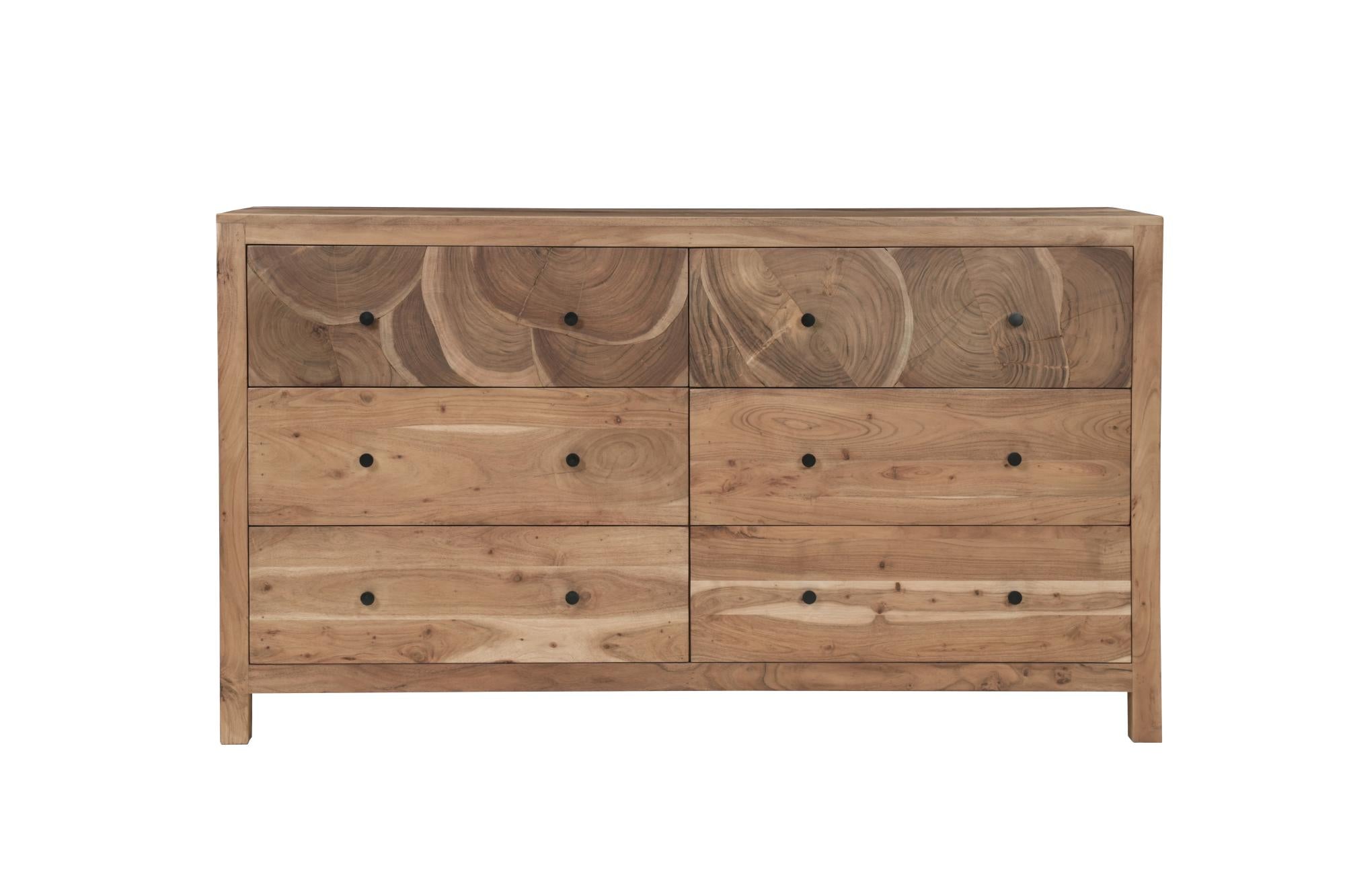 Brown solid wood dresser with six drawers and black knobs, flat top and straight legs.