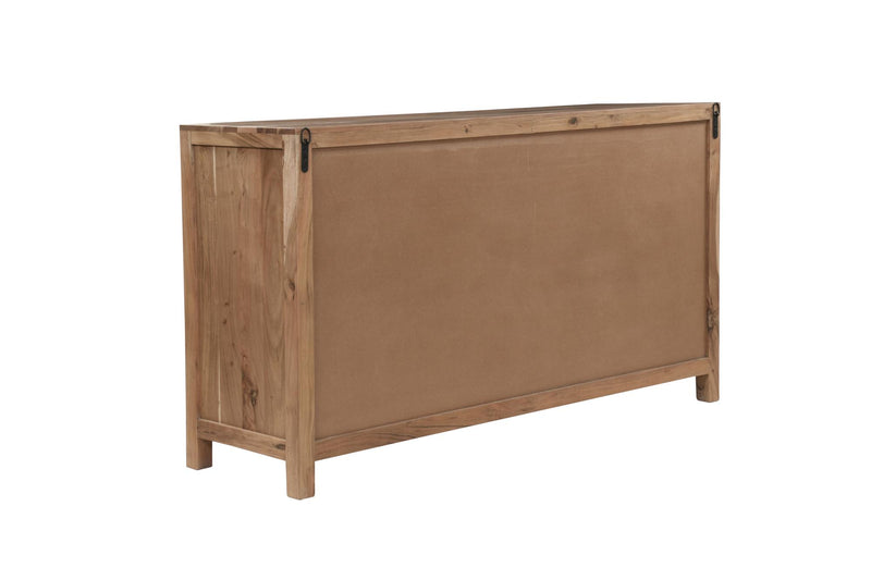 Brown solid wood dresser back panel with hardware and vertical side posts.