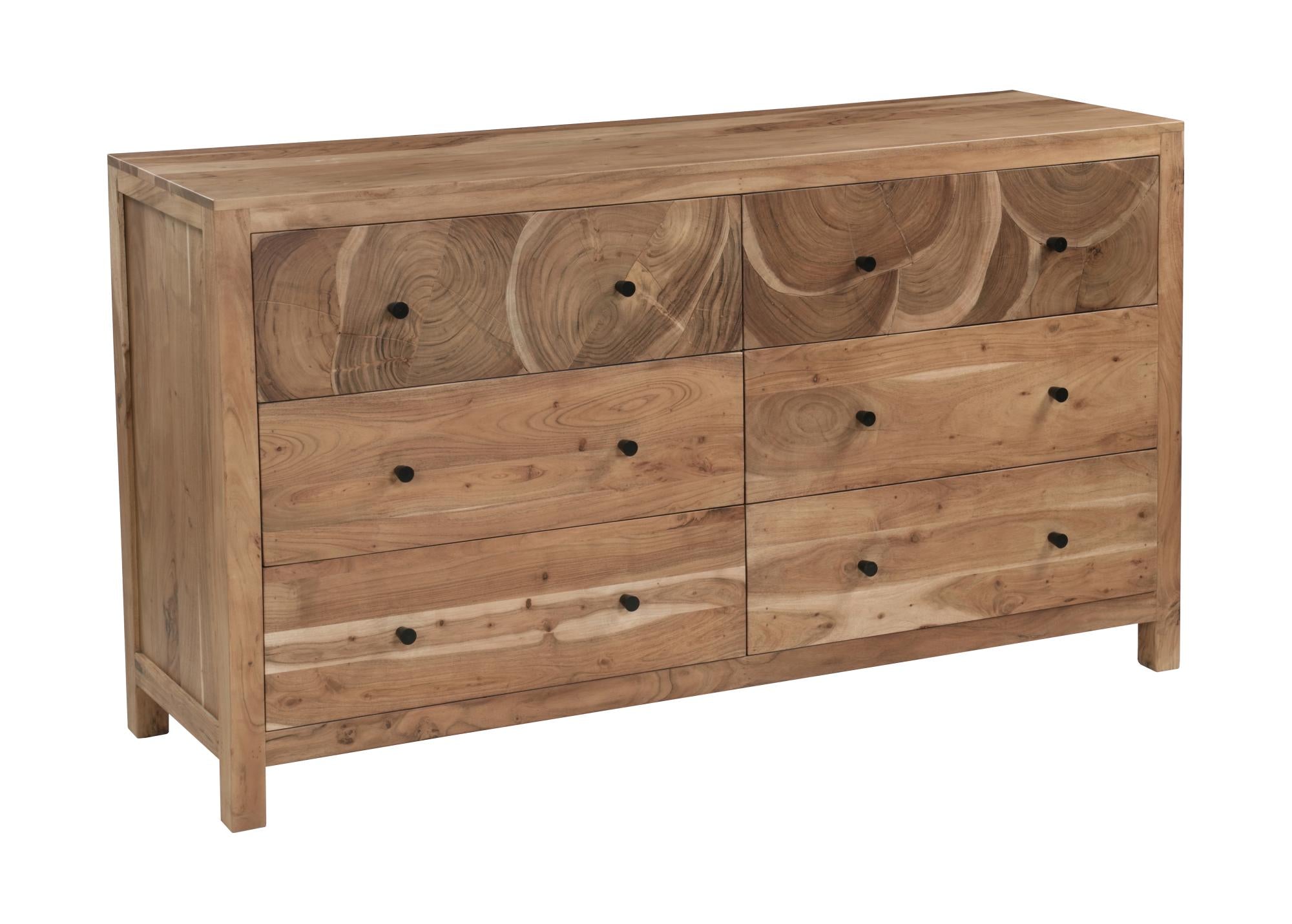 Brown solid wood dresser with six drawers, black knobs, and detailed swirling grain panels.