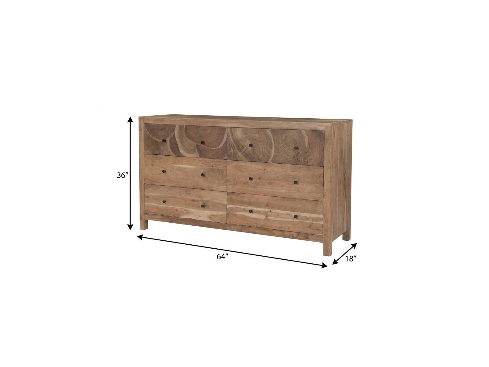 Dimensions of brown solid wood dresser, showing height, width, and depth.