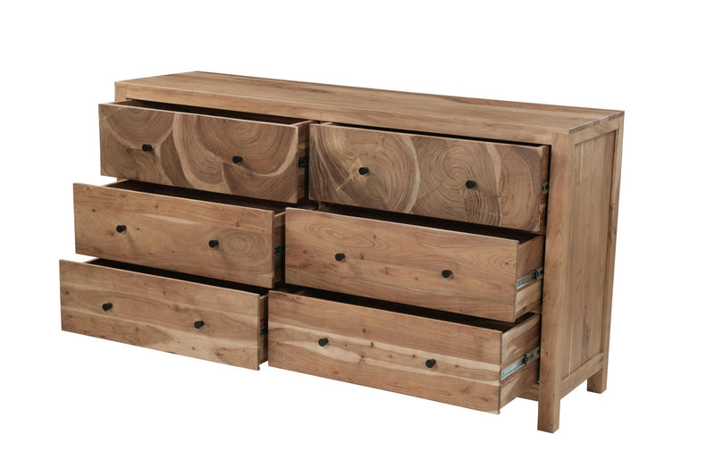 Brown solid wood dresser with six drawers, black knobs, and squared front profile.