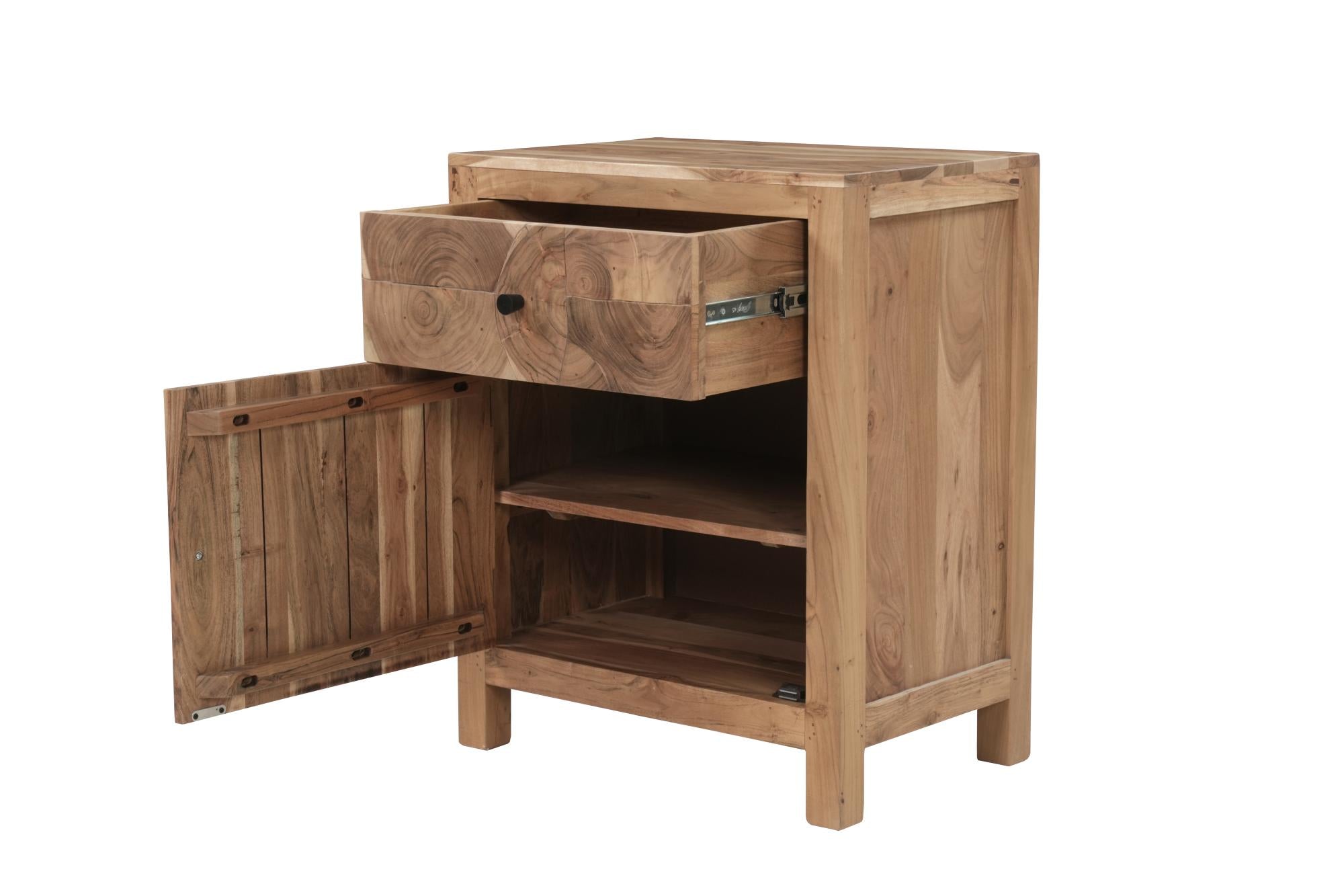 Natural solid wood nightstand with open drawer and cabinet door