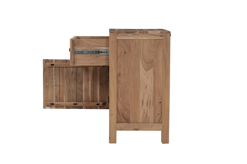 Natural wood nightstand side view with open cabinet door and drawer cavity