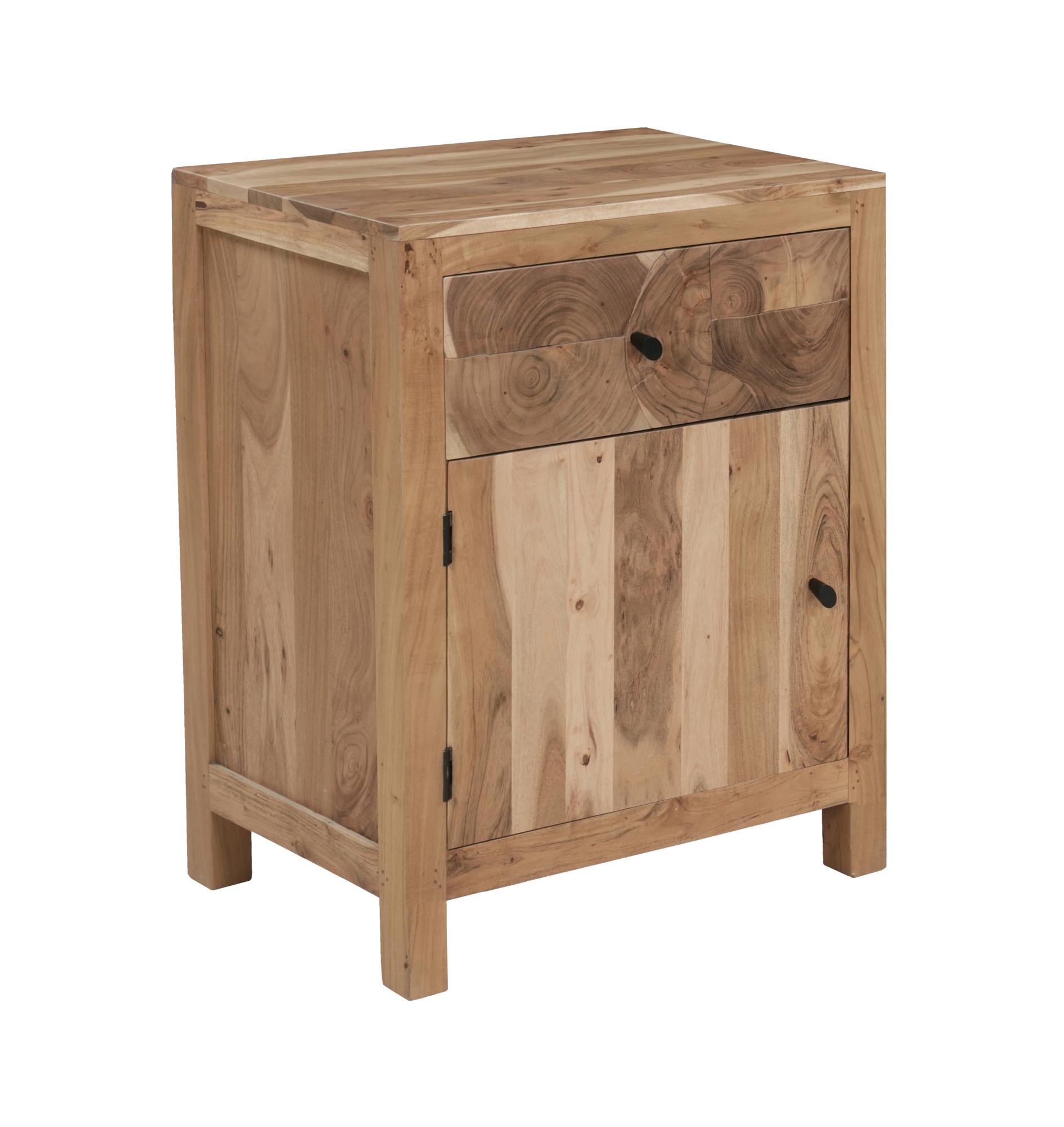 Natural solid wood nightstand with one drawer and two cabinet doors