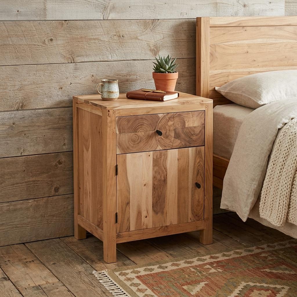 Natural wood nightstand with drawer and cabinet doors, books and plant on top