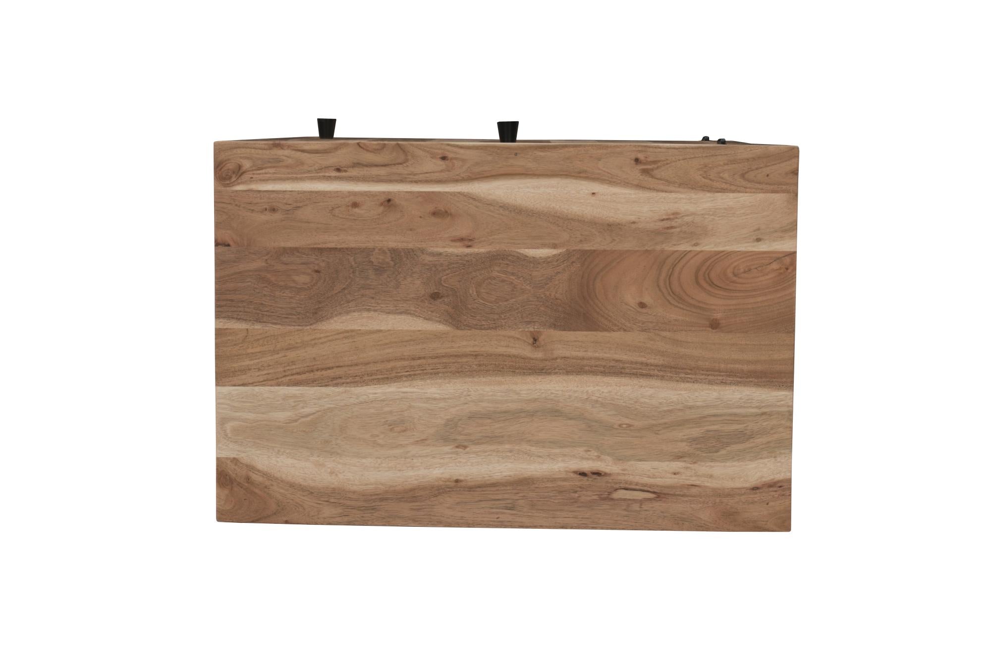 Natural wood nightstand drawer front with black knobs