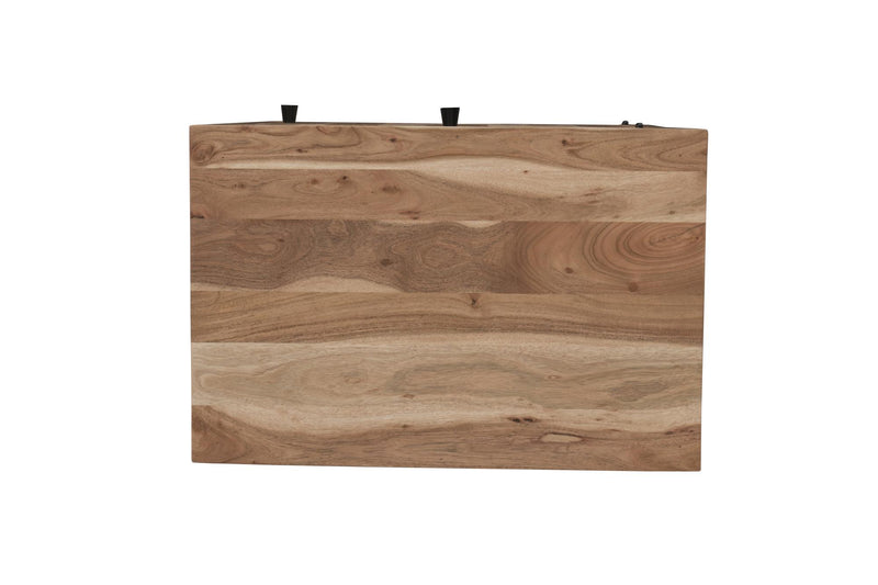 Natural wood nightstand drawer front with black knobs