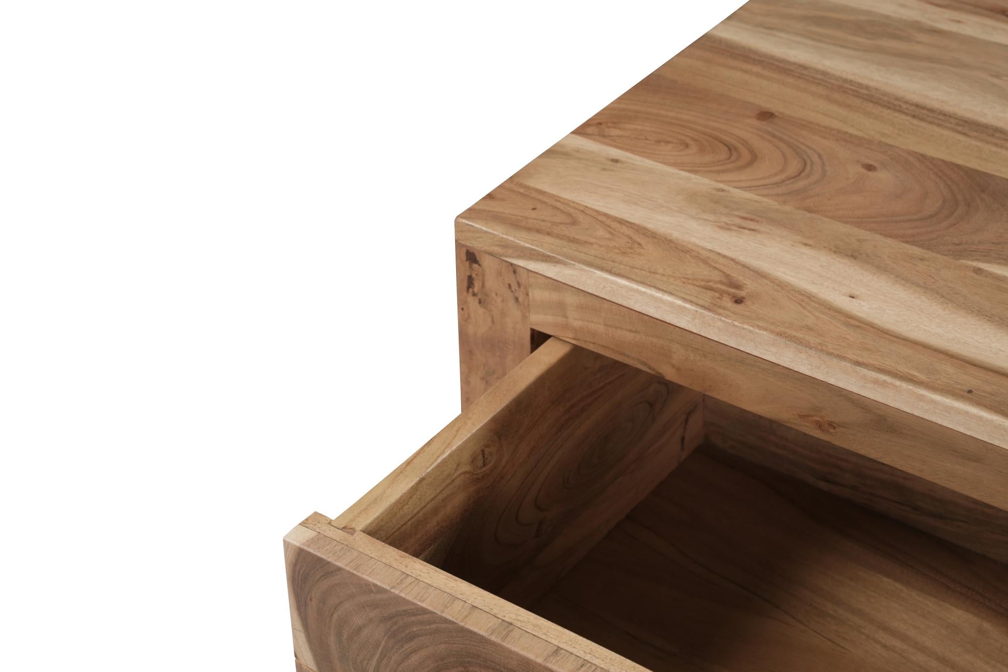 Open interior of natural wood nightstand with visible side panel grain