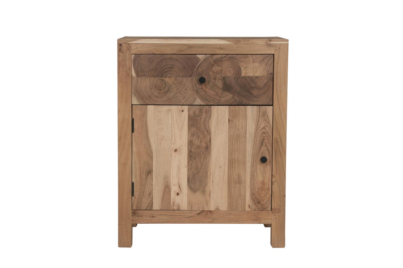 Natural solid wood nightstand with drawer and cabinet doors and black hardware