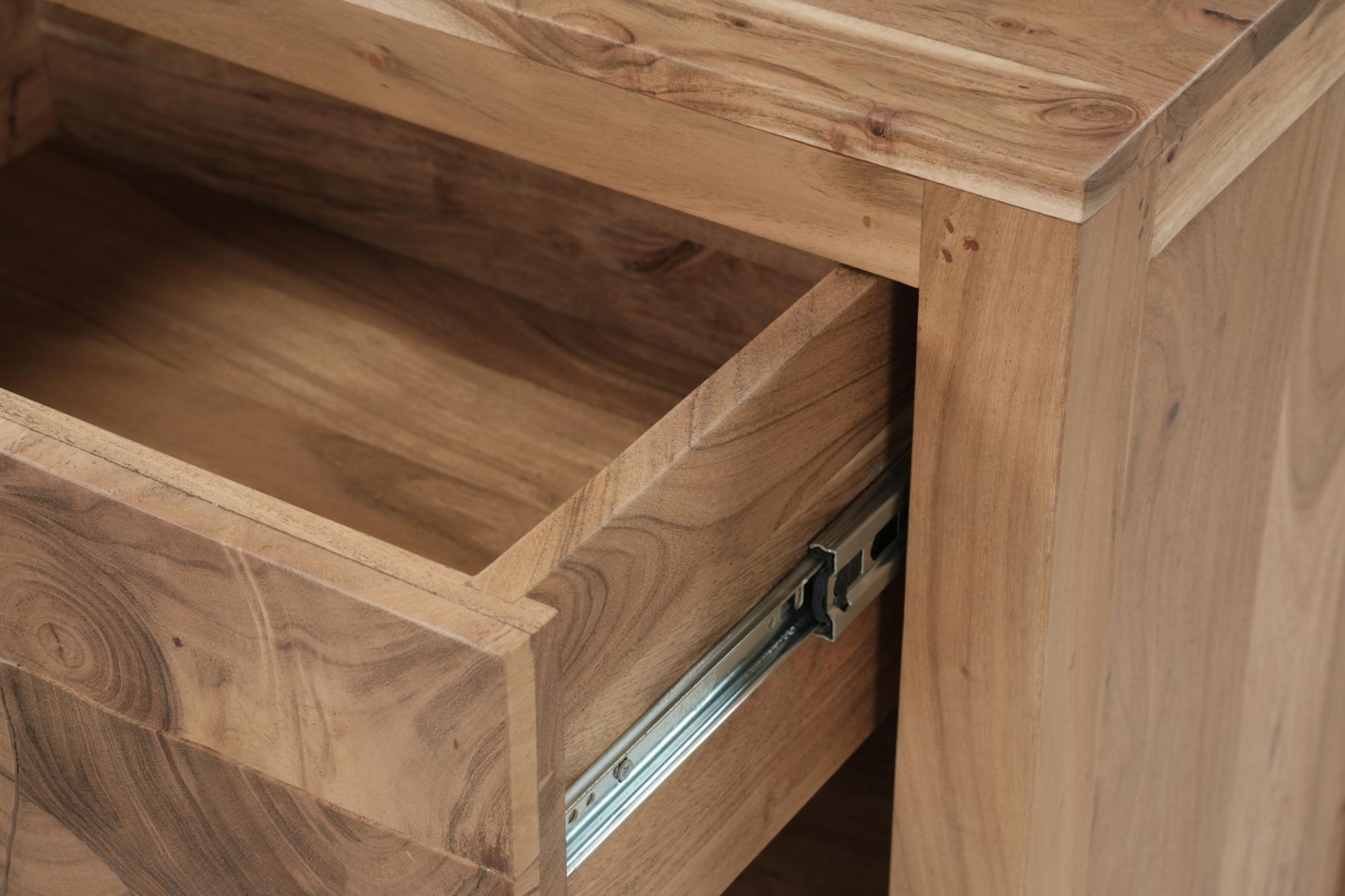 Natural wood nightstand interior showing drawer rails and metal glides