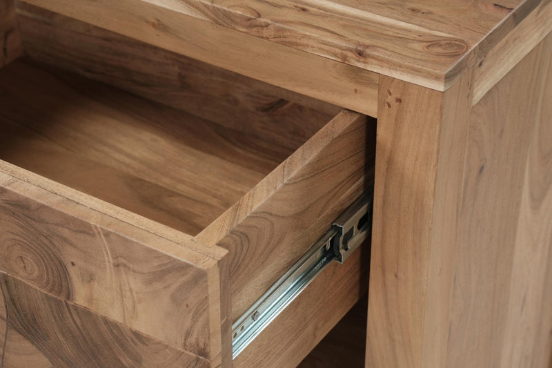 Natural wood nightstand interior showing drawer rails and metal glides