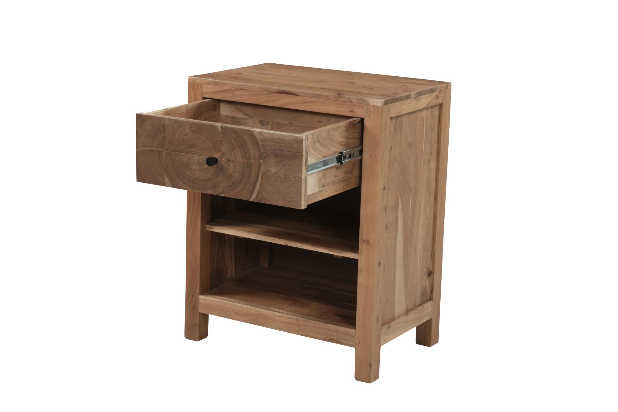 Natural wood nightstand with one drawer and open cabinet shelf