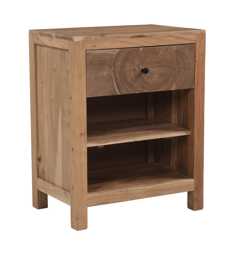 Natural wood nightstand with one drawer and open shelf compartment