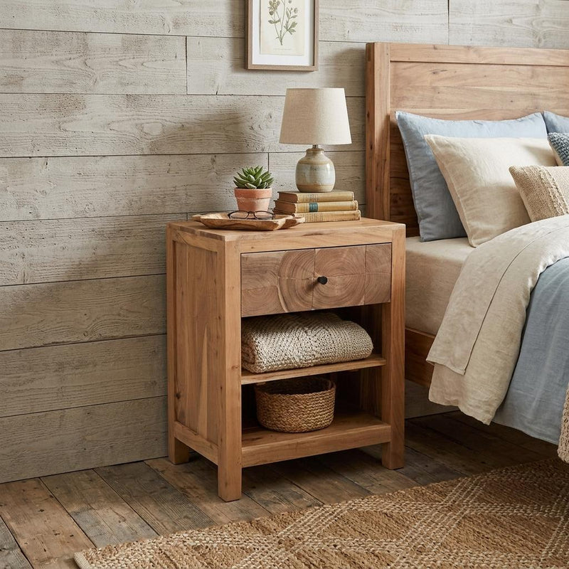 Natural wood nightstand with one drawer and open lower shelf