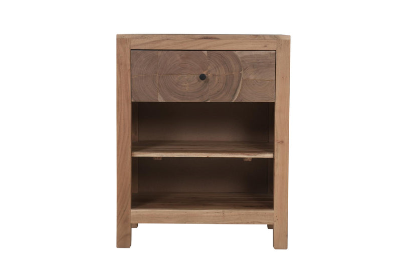 Natural wood nightstand interior with open shelving and drawer front