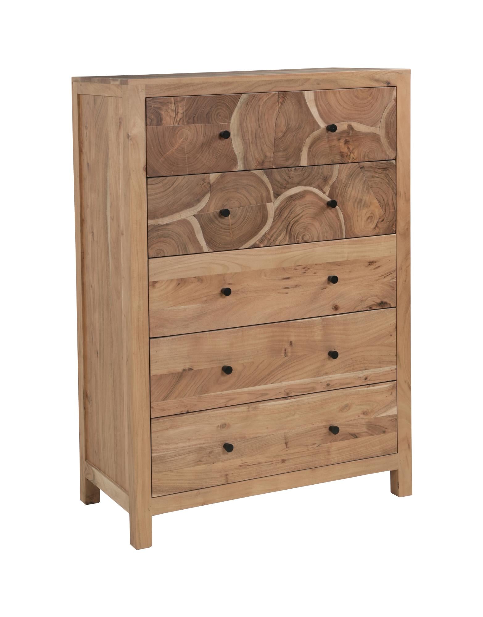 Natural wood five-drawer chest with black knobs and visible woodgrain patterns.