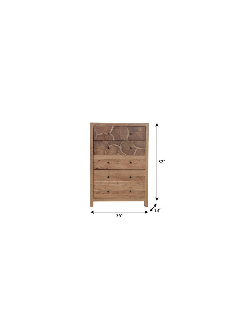 Natural wood five-drawer chest with size markings: 36 in wide, 52 in high, 18 in deep.