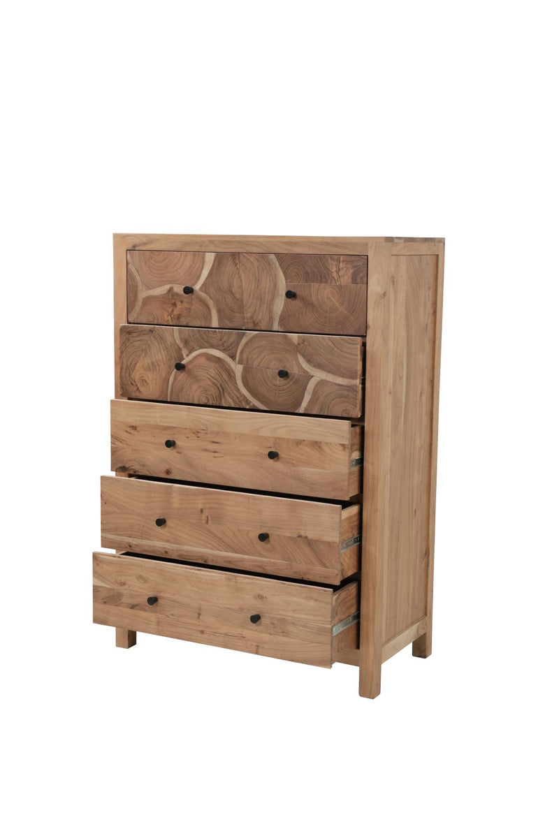 Natural wood five-drawer chest with black knobs and swirling woodgrain drawer panels.
